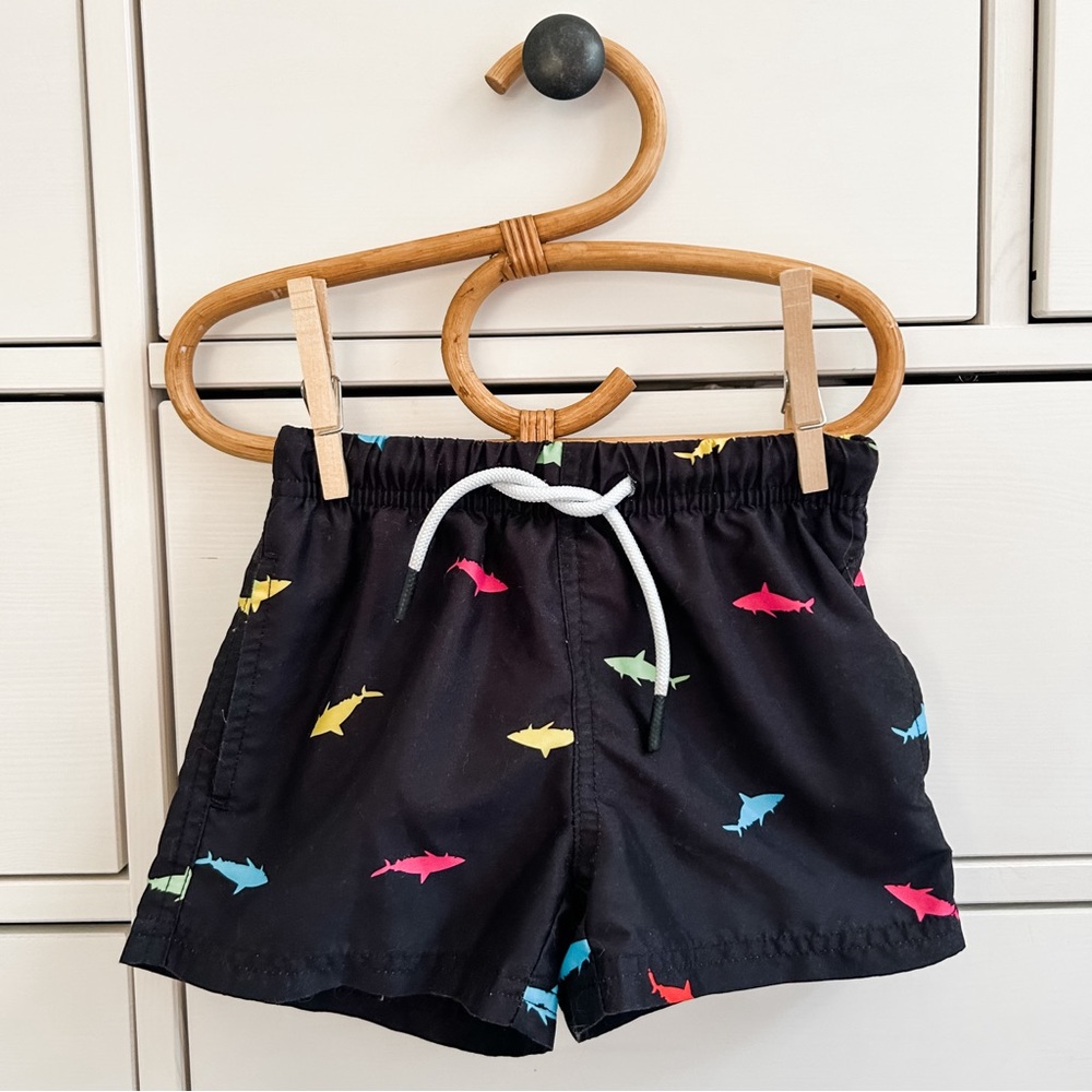 Boys 3T black and multi-colored fish swim trunks.